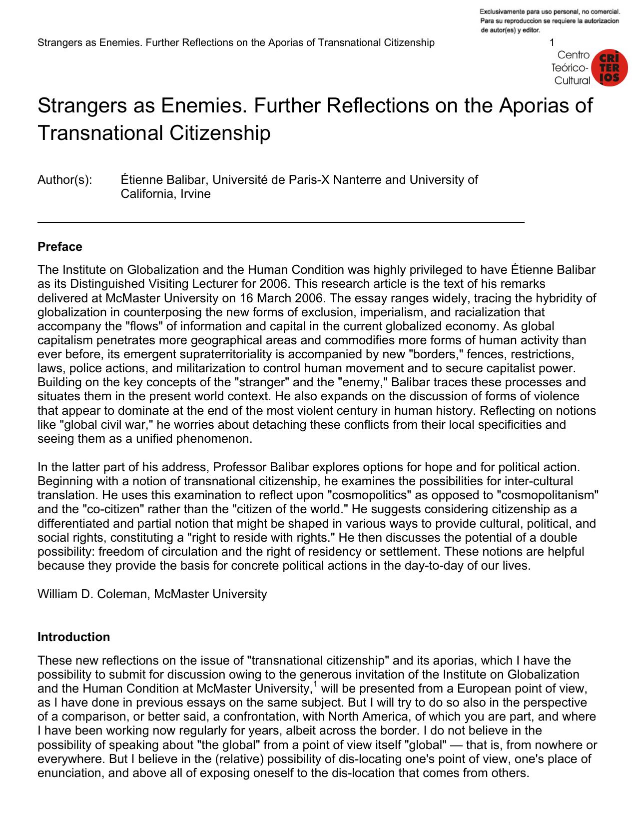 Strangers as Enemies. Further Reflection on the Aporias of the Transnational Citizenship